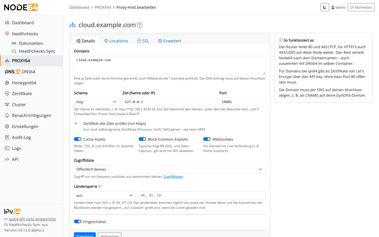 Formular Proxy-Host in PROXY64 mit den Reitern Details, Locations, SSL und Erweitert