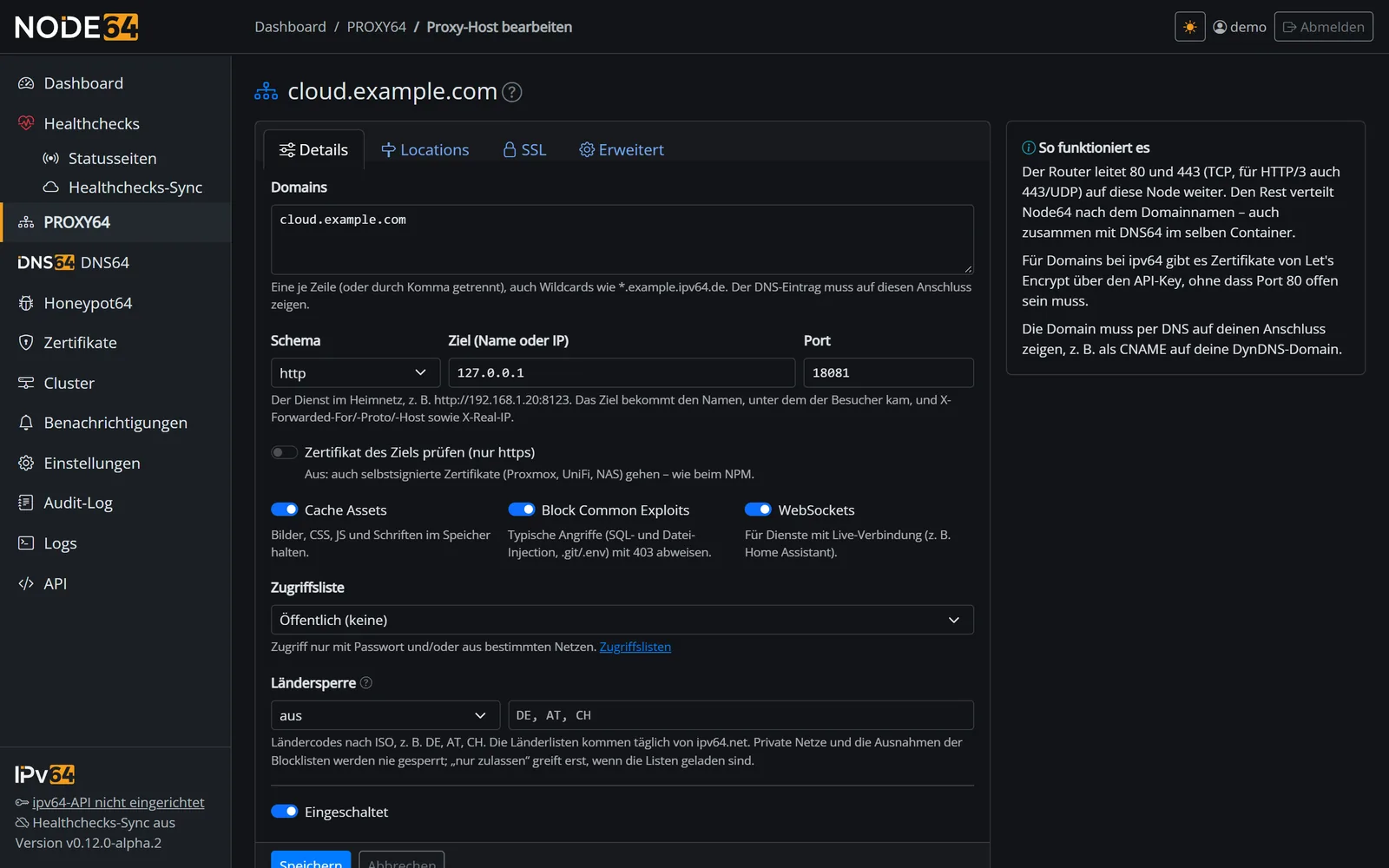 Formular Proxy-Host in PROXY64 mit den Reitern Details, Locations, SSL und Erweitert