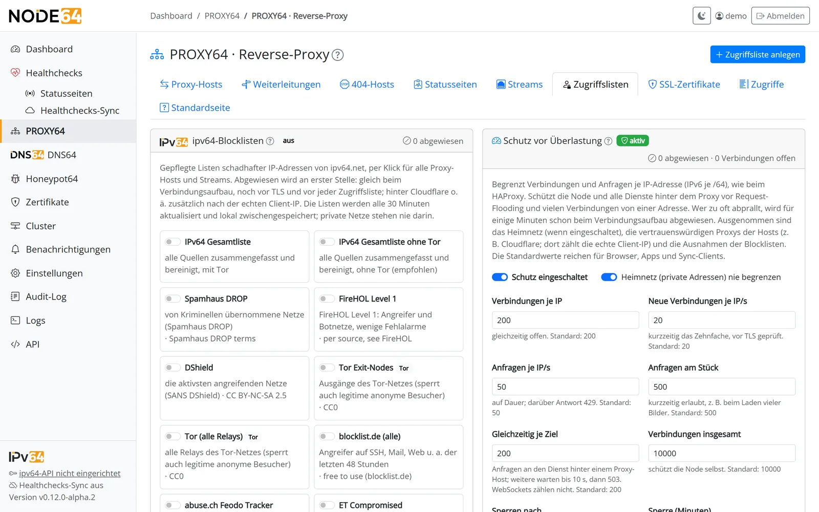PROXY64 Reiter Zugriffslisten mit ipv64-Blocklisten und Schutz vor Überlastung