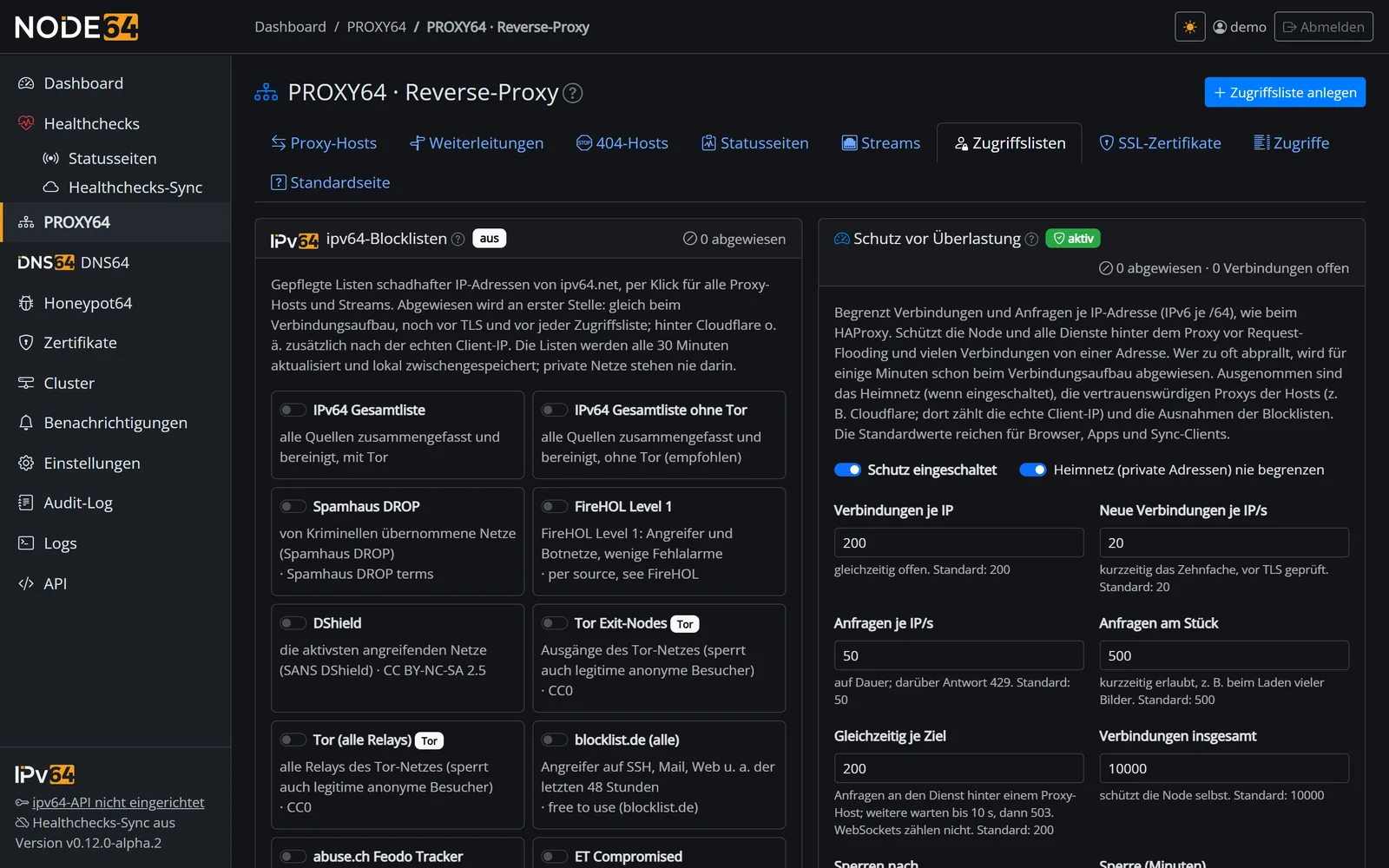 PROXY64 Reiter Zugriffslisten mit ipv64-Blocklisten und Schutz vor Überlastung