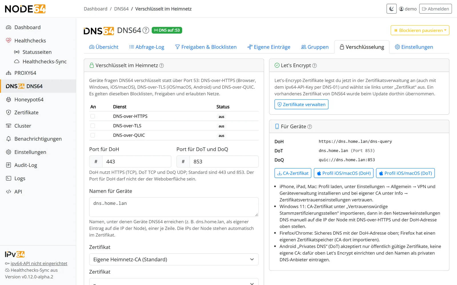 DNS64-Reiter Verschlüsselung mit DoH, DoT und DoQ, Zertifikat und Profil-Download