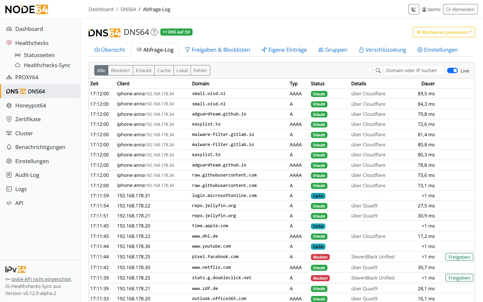 DNS64-Abfrage-Log mit Filtern, Live-Ansicht und Knopf zum Freigeben
