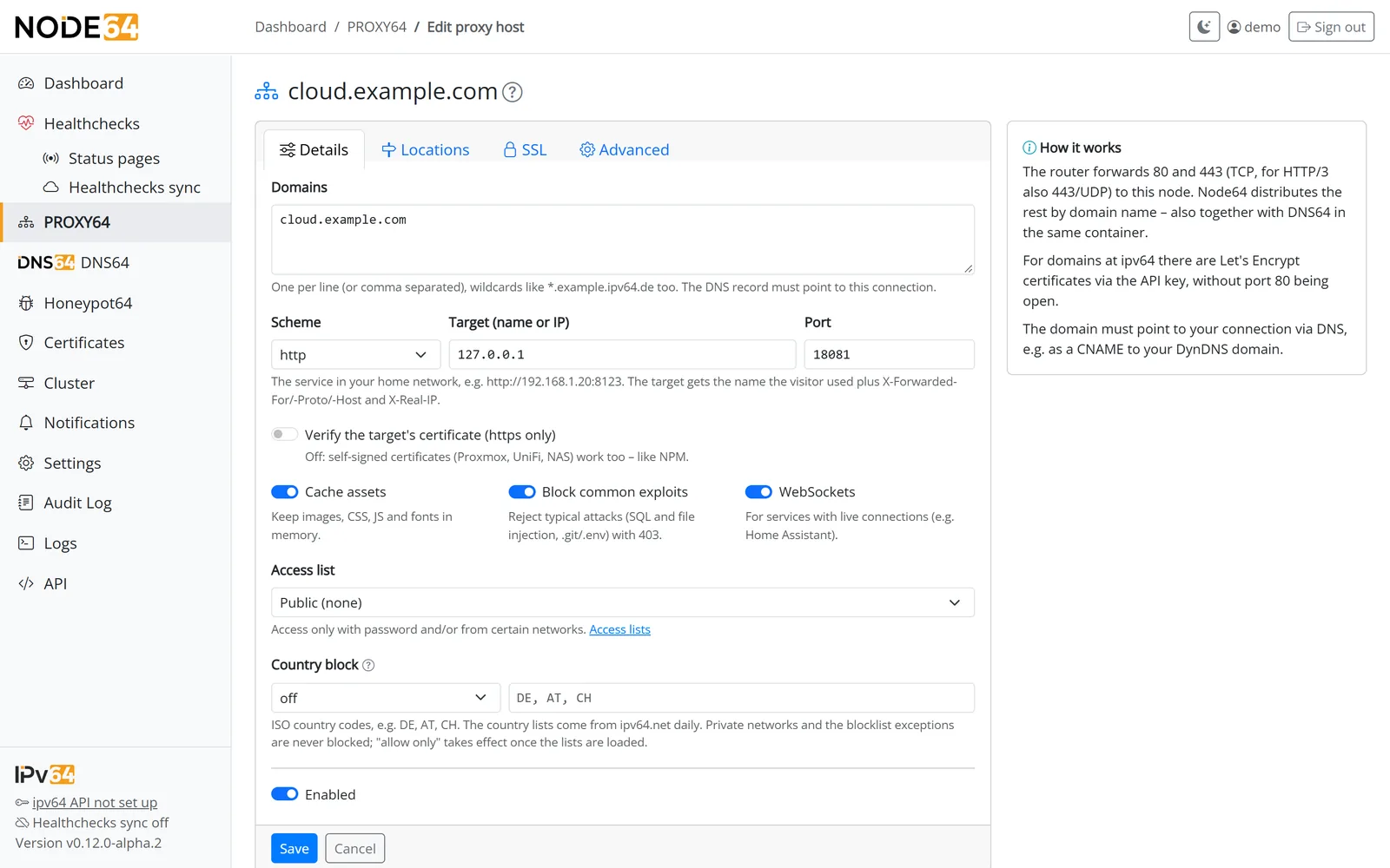 PROXY64 proxy host form with the Details, Locations, SSL and Advanced tabs