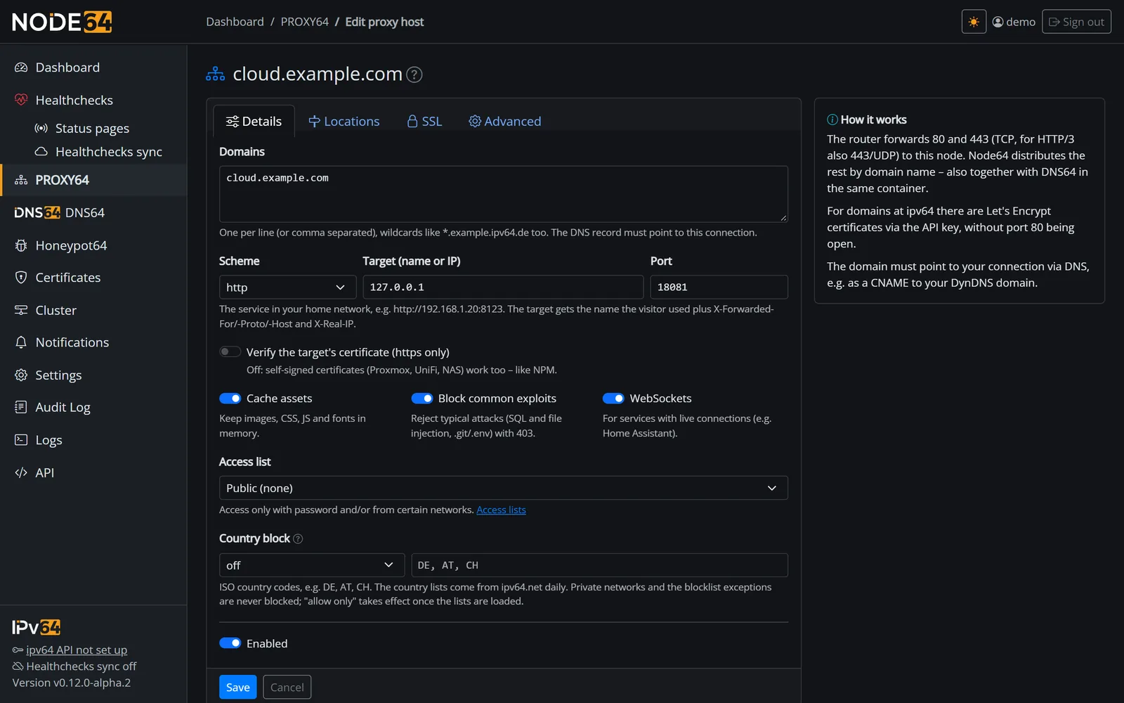 PROXY64 proxy host form with the Details, Locations, SSL and Advanced tabs