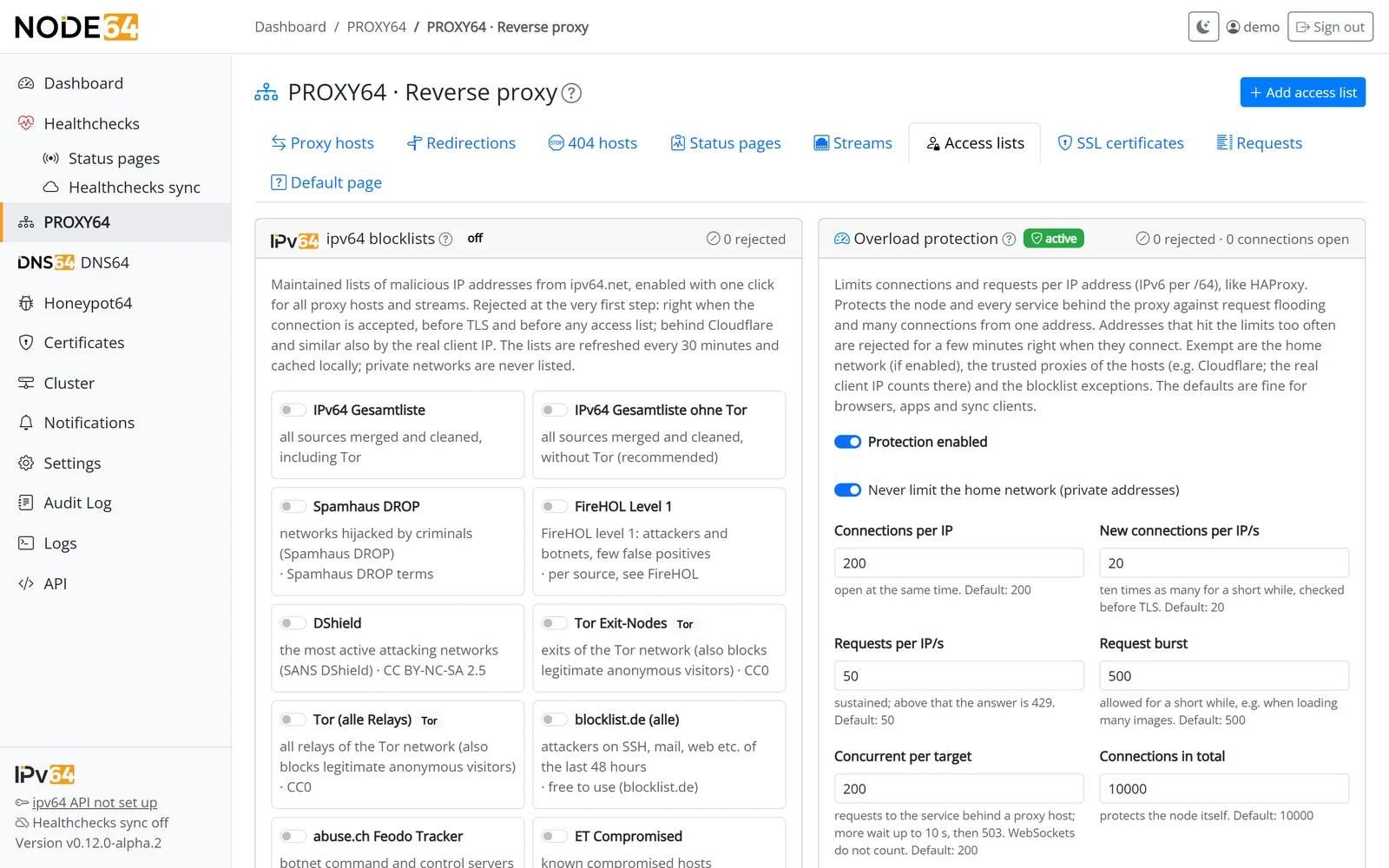 PROXY64 access lists tab with ipv64 blocklists and overload protection