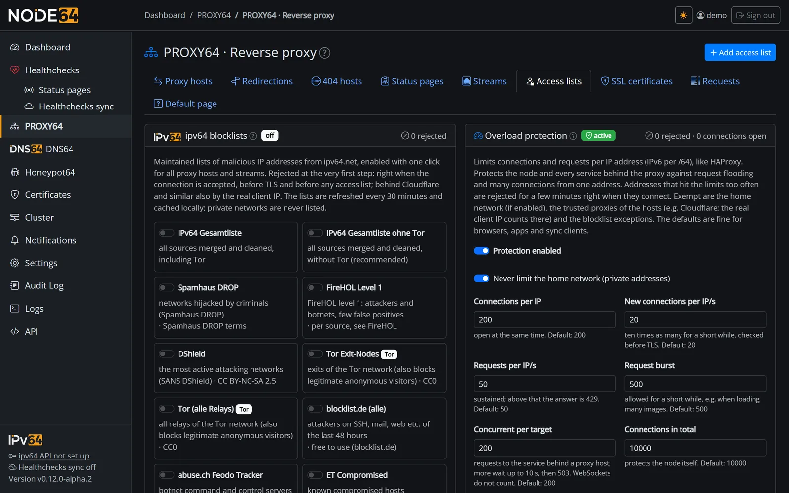 PROXY64 access lists tab with ipv64 blocklists and overload protection