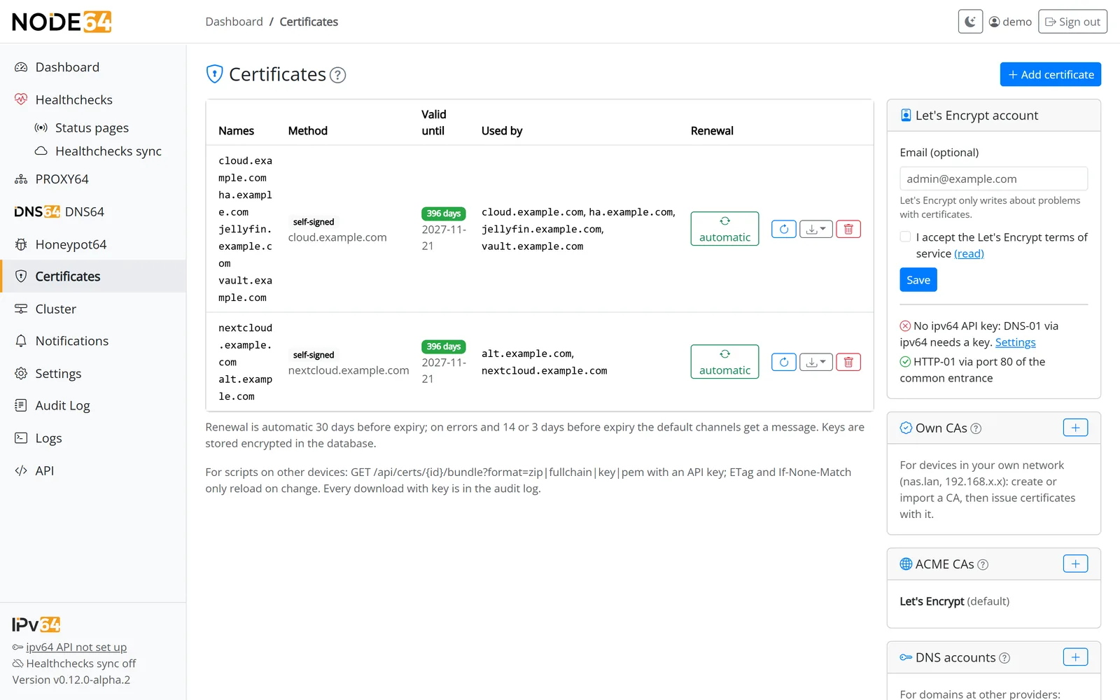 Certificate list in Node64 with names, method, expiry date and used by