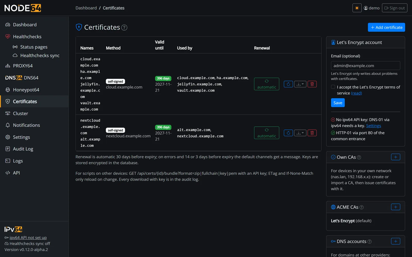 Certificate list in Node64 with names, method, expiry date and used by