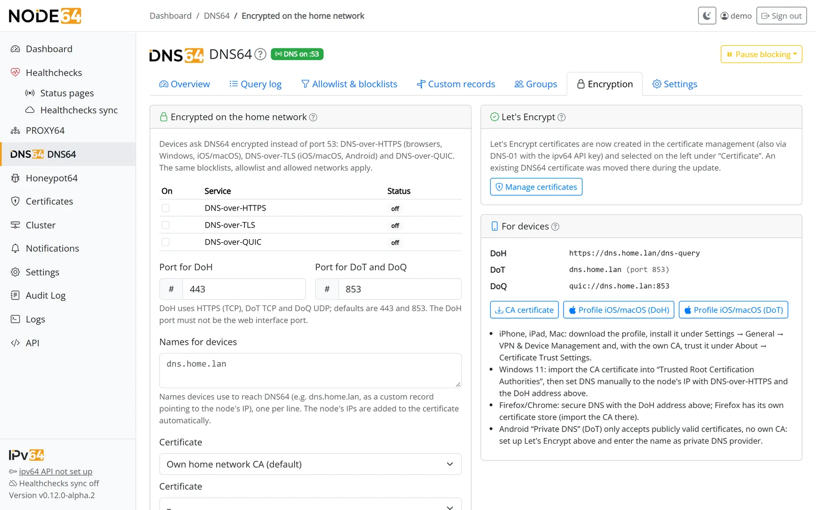 DNS64 Encryption tab with DoH, DoT and DoQ, certificate and profile download