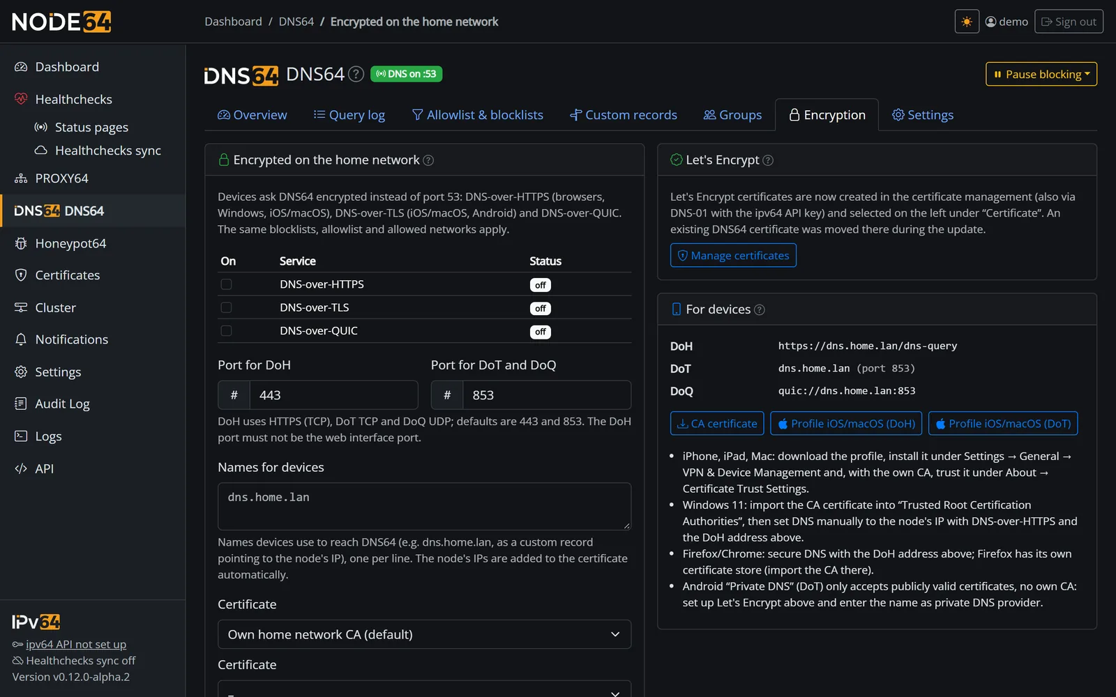 DNS64 Encryption tab with DoH, DoT and DoQ, certificate and profile download