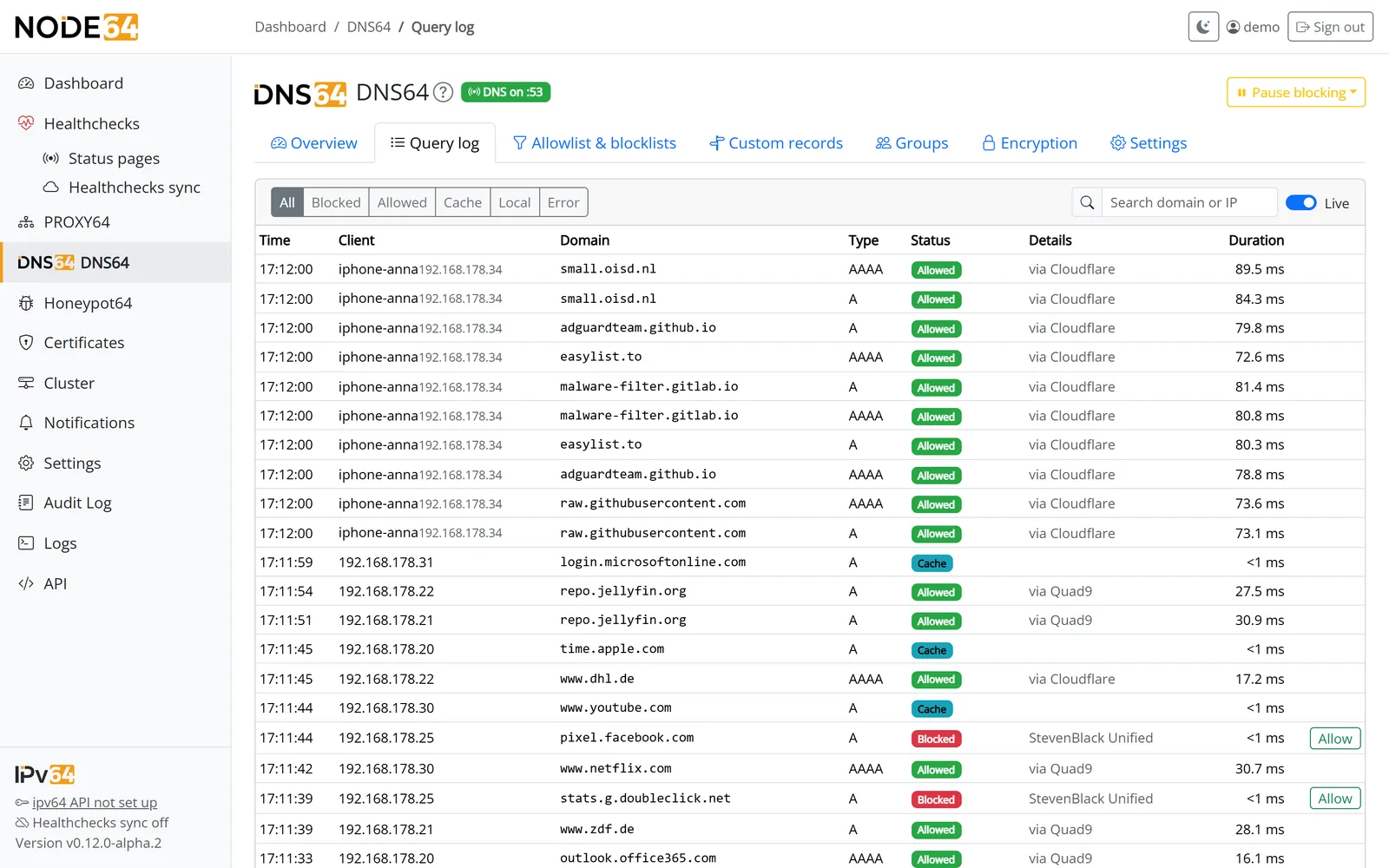 DNS64 query log with filters, live view and allow button