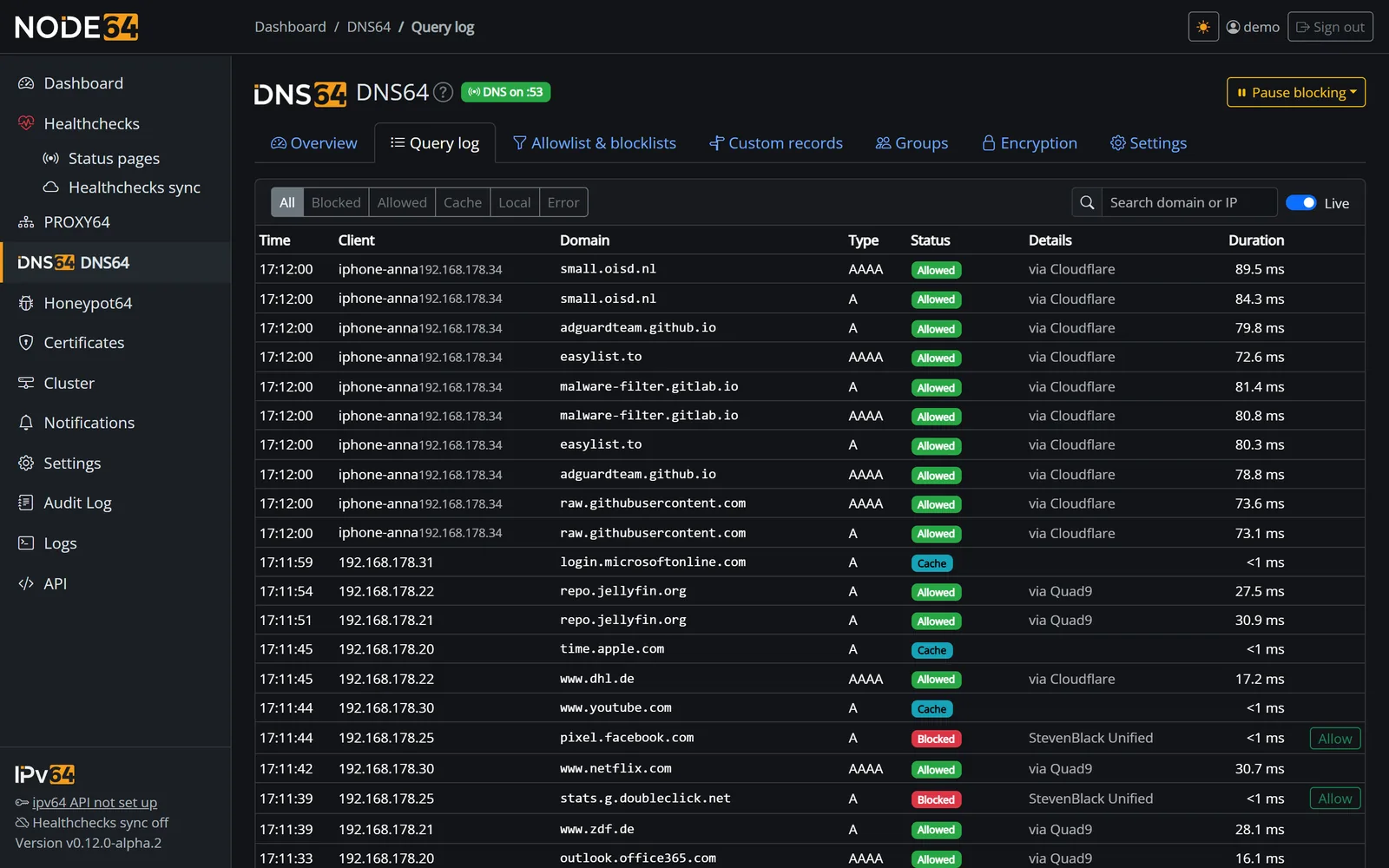 DNS64 query log with filters, live view and allow button