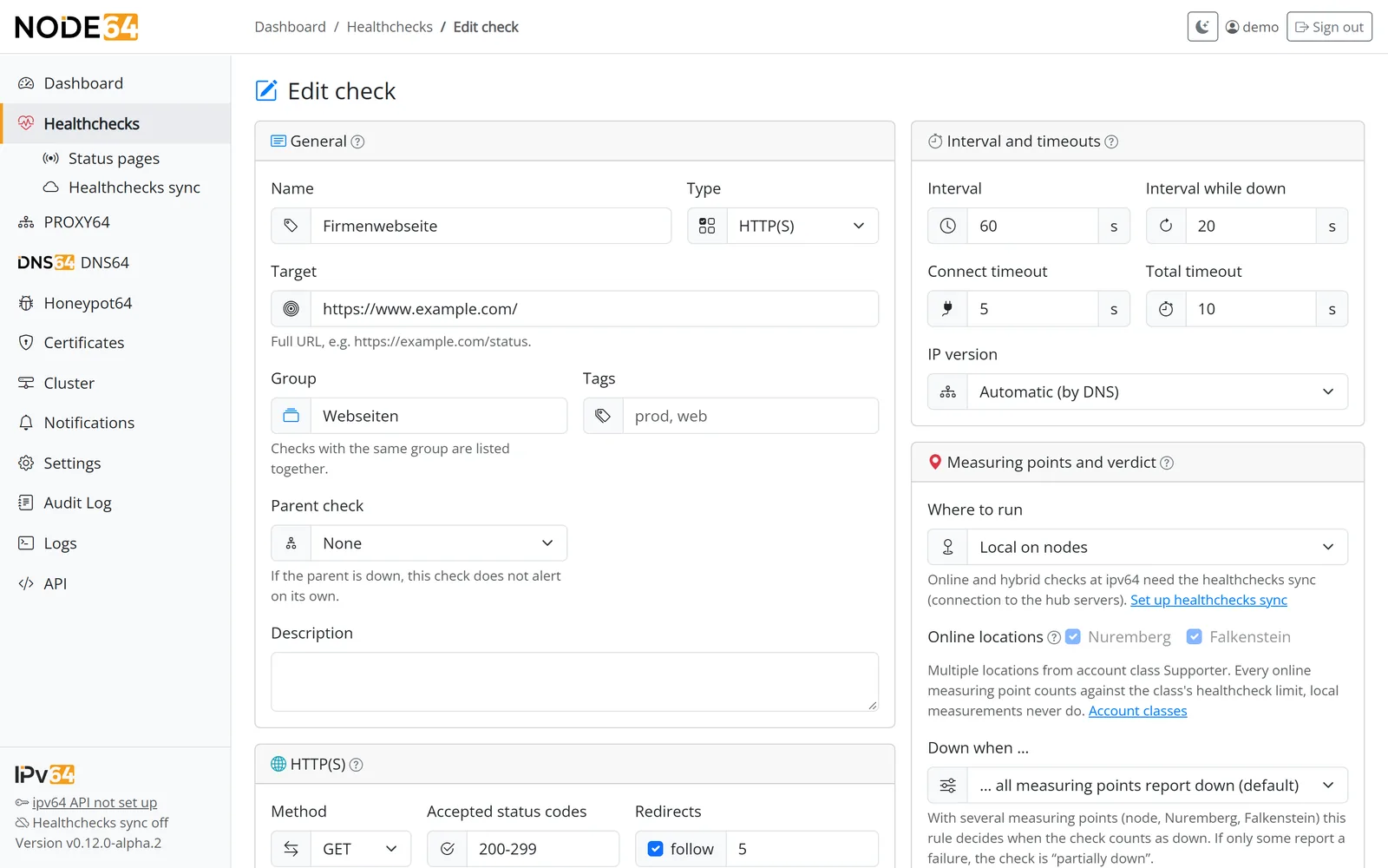 Form for a new HTTP(S) check with interval, alerting and measuring points
