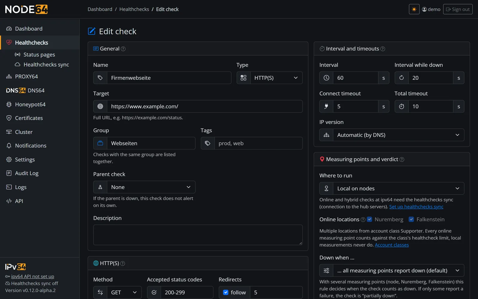 Form for a new HTTP(S) check with interval, alerting and measuring points