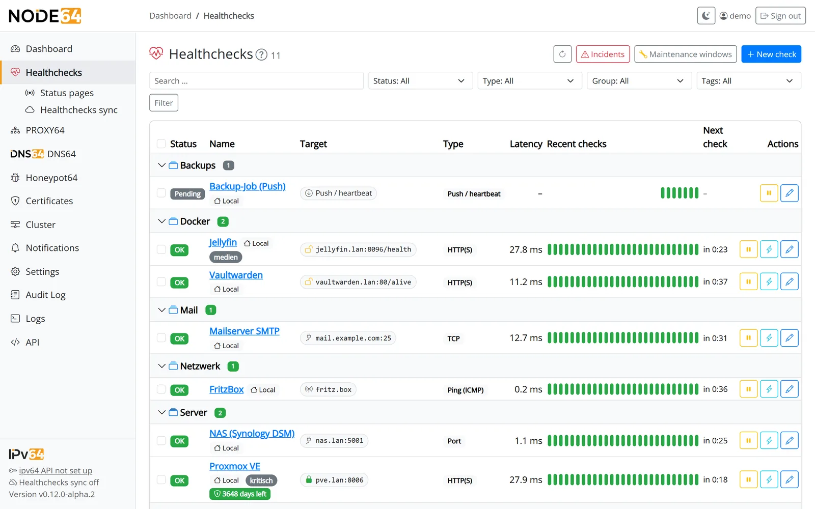 Node64 health check list with groups, states and a countdown to the next measurement