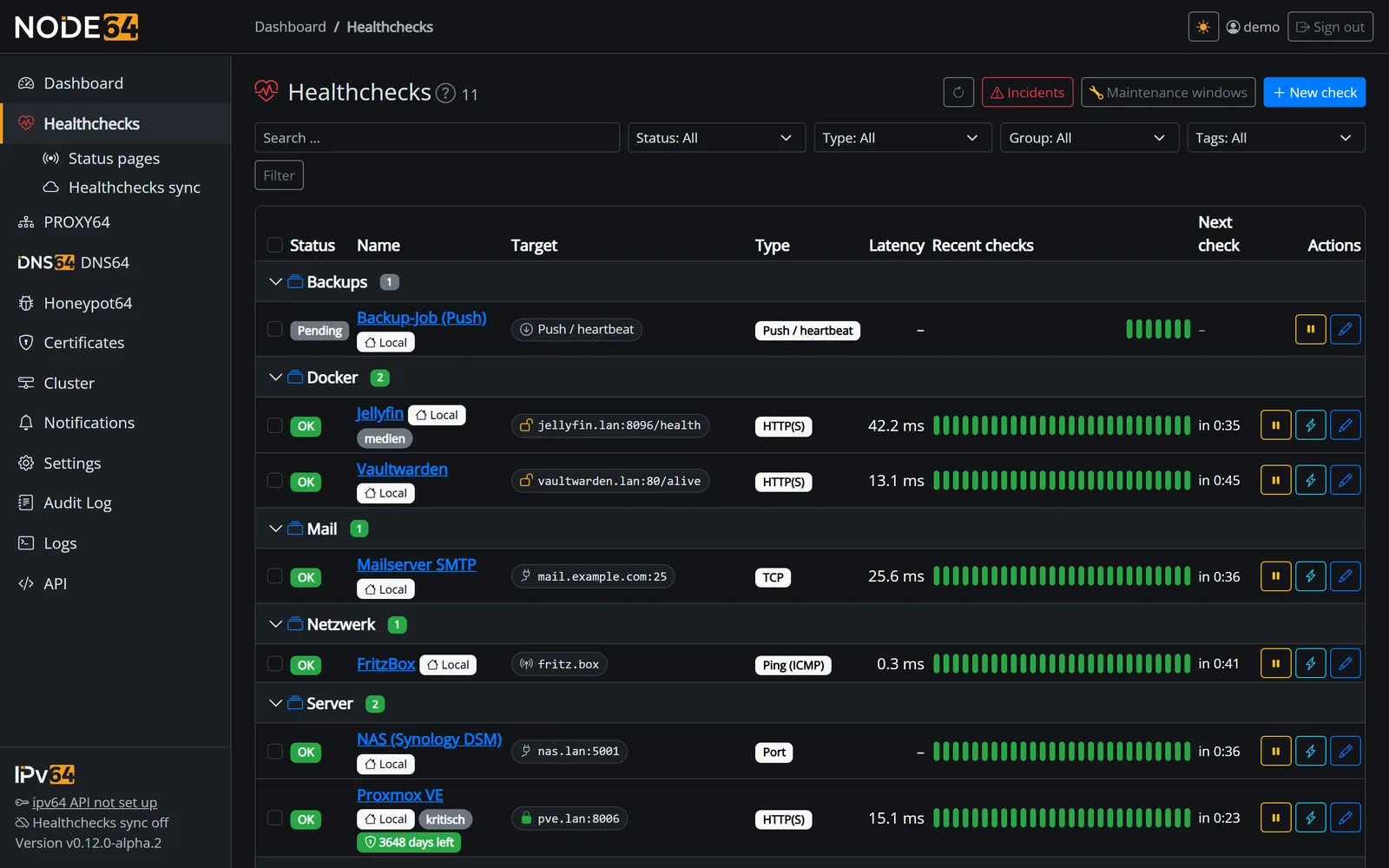 Node64 health check list with groups, states and a countdown to the next measurement