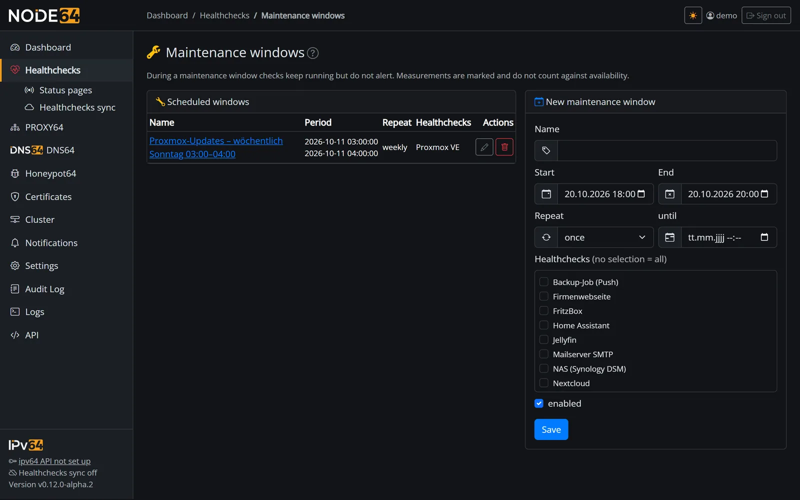 Maintenance window Proxmox updates, weekly on Sundays from 03:00 to 04:00