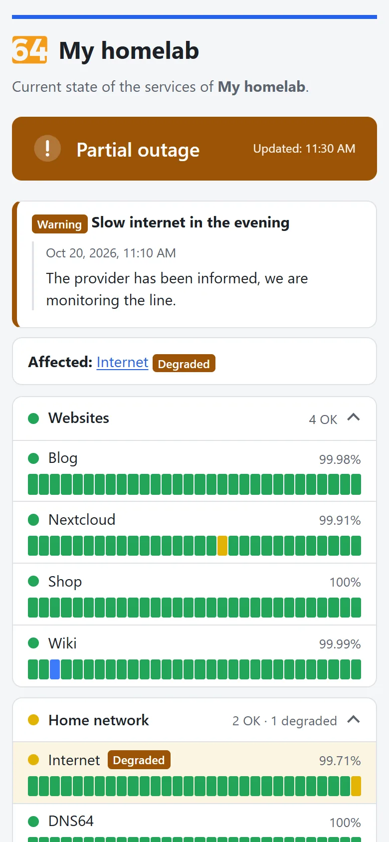 Status page on a phone: banner, warning and groups with daily bars stacked