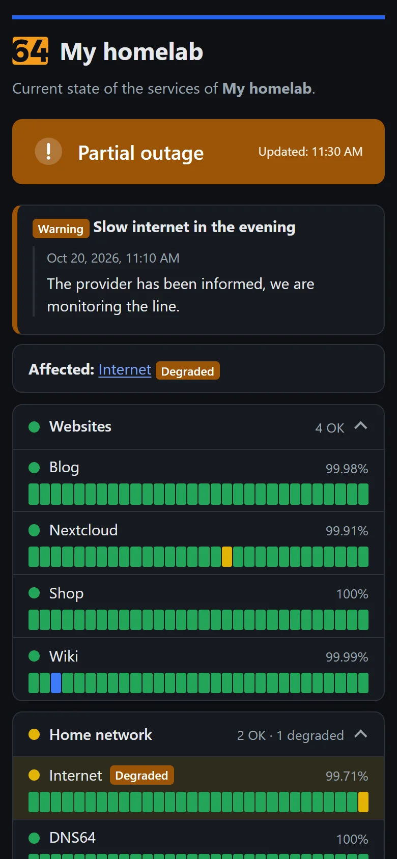 Status page on a phone: banner, warning and groups with daily bars stacked