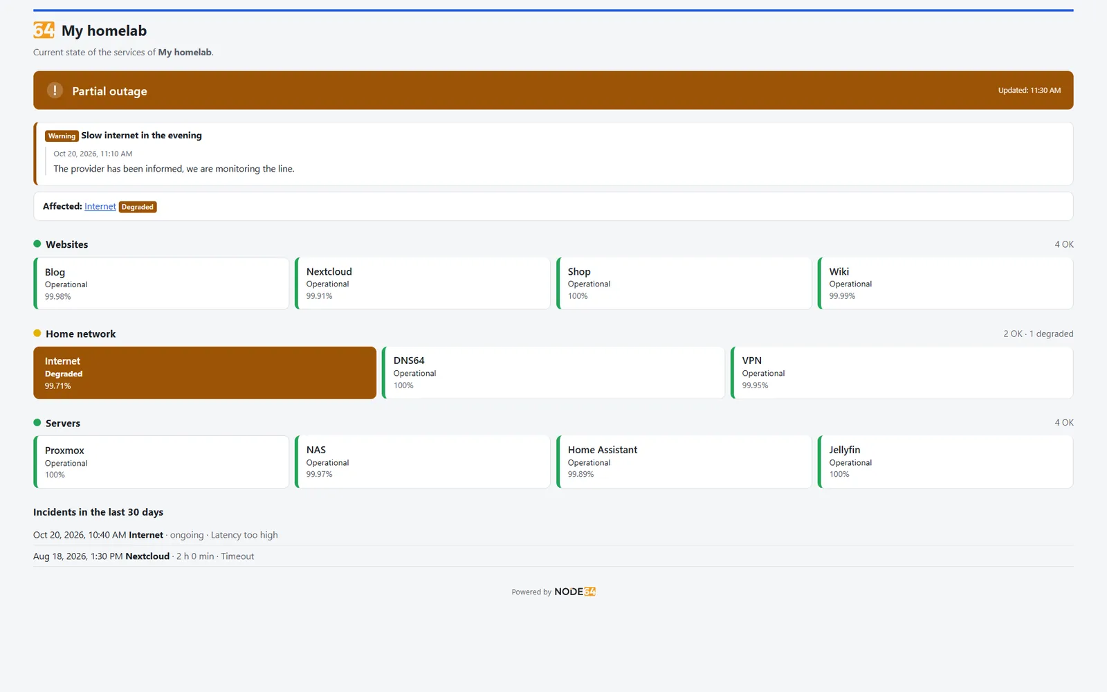 Status page in the tiles layout for a monitor: one tile per service, the degraded internet highlighted in colour