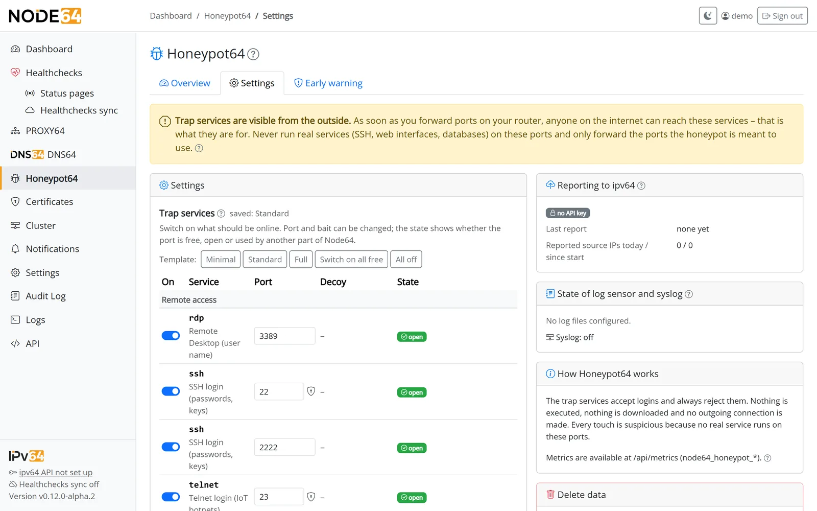 Honeypot64 service catalog with switch, port, bait and state per trap service