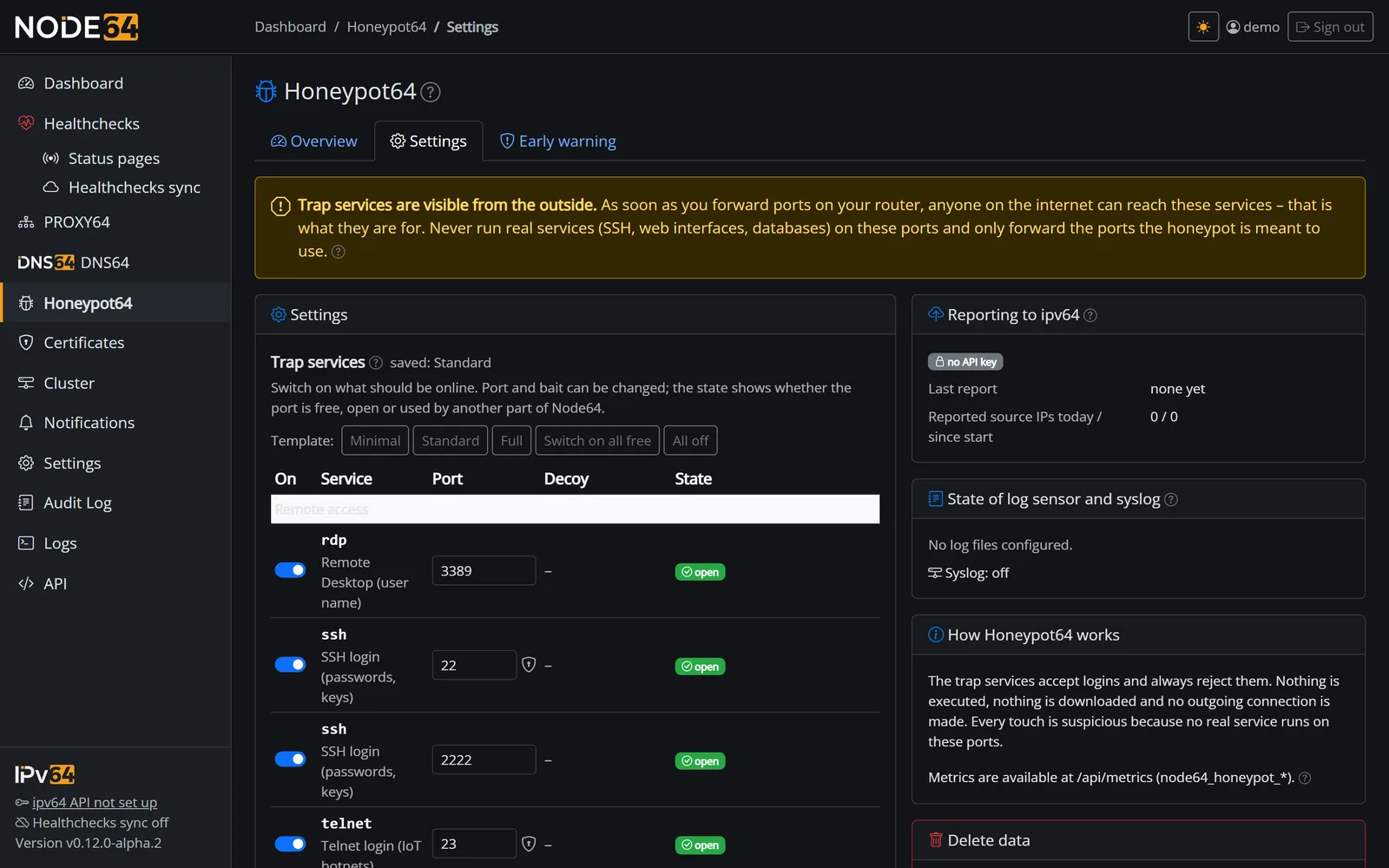 Honeypot64 service catalog with switch, port, bait and state per trap service