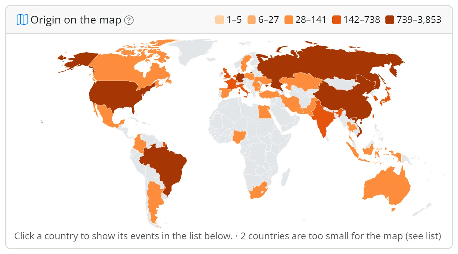 Honeypot64 world map: countries coloured by number of attacks in the last 7 days