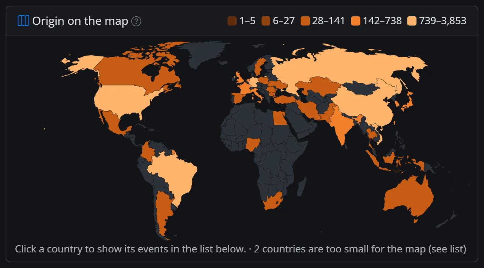 Honeypot64 world map: countries coloured by number of attacks in the last 7 days