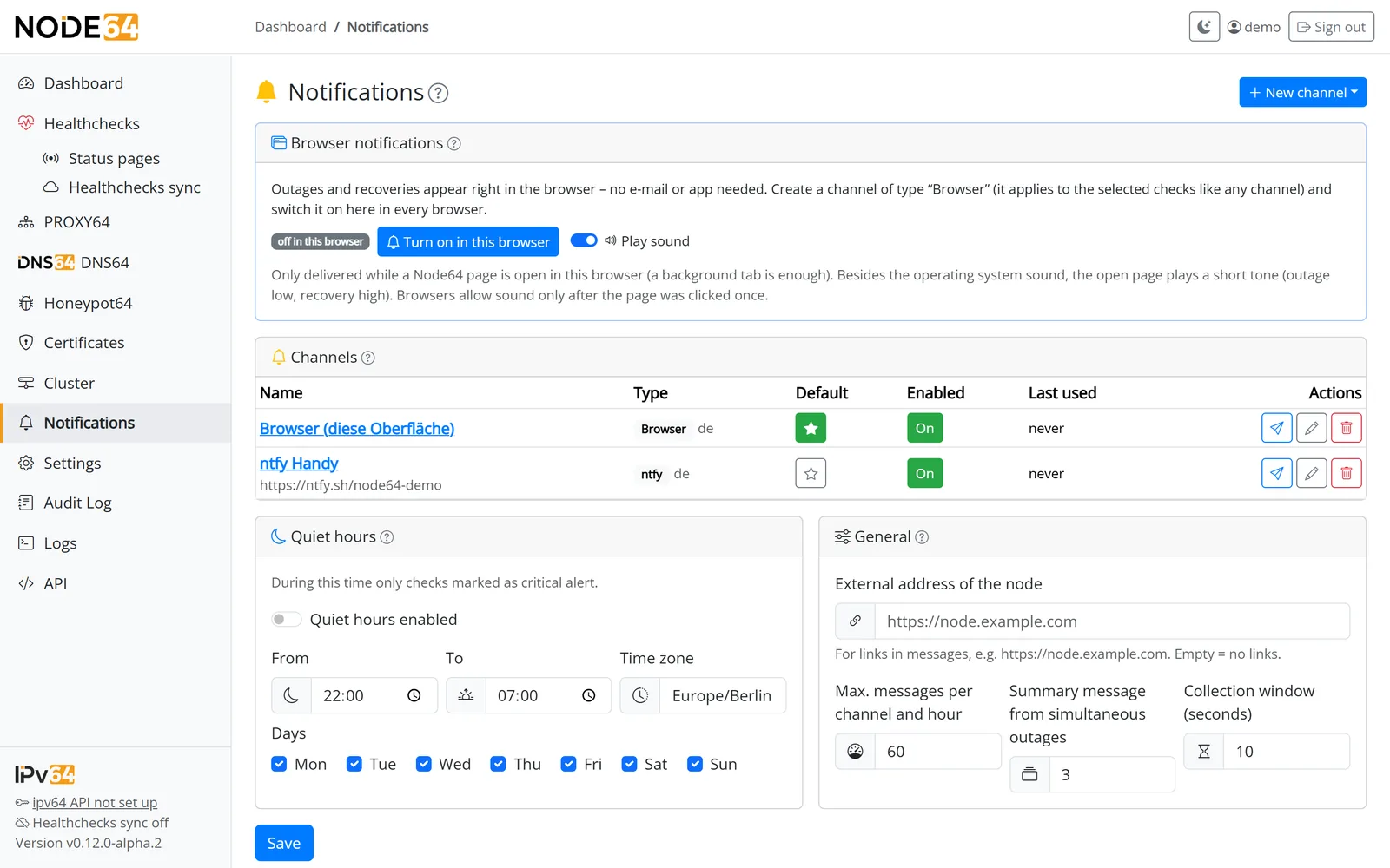List of notification channels with Telegram, ntfy, e-mail and webhook, each with its default flag and last delivery