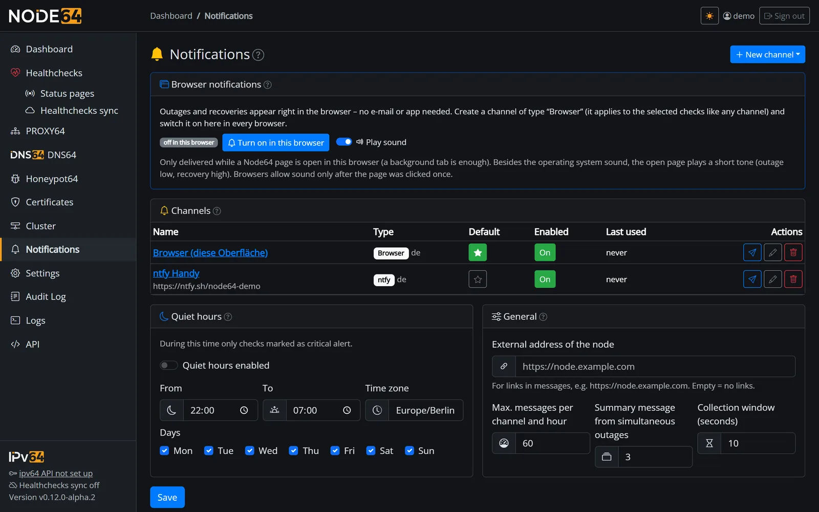 List of notification channels with Telegram, ntfy, e-mail and webhook, each with its default flag and last delivery