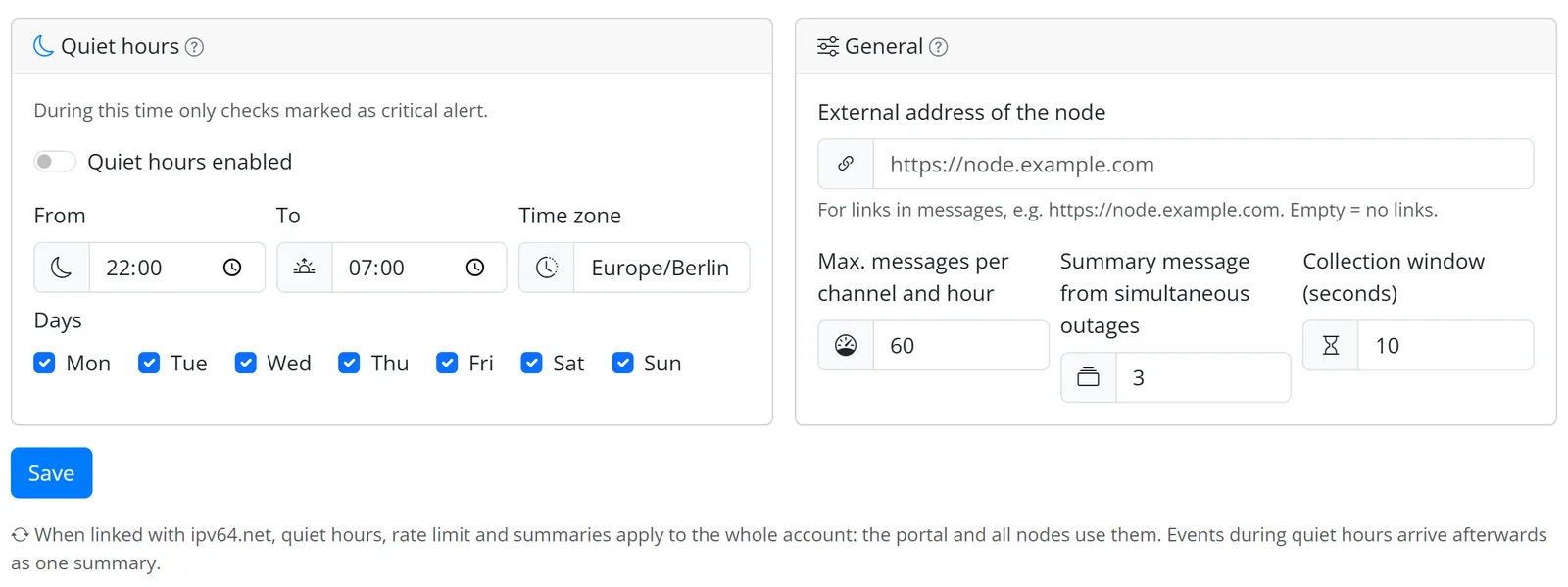 General notification settings with quiet hours from 22:00 to 07:00, hourly cap and summary message