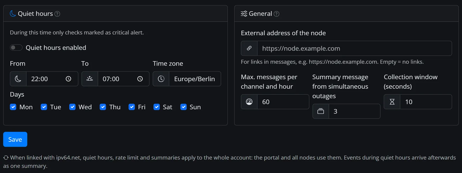 General notification settings with quiet hours from 22:00 to 07:00, hourly cap and summary message
