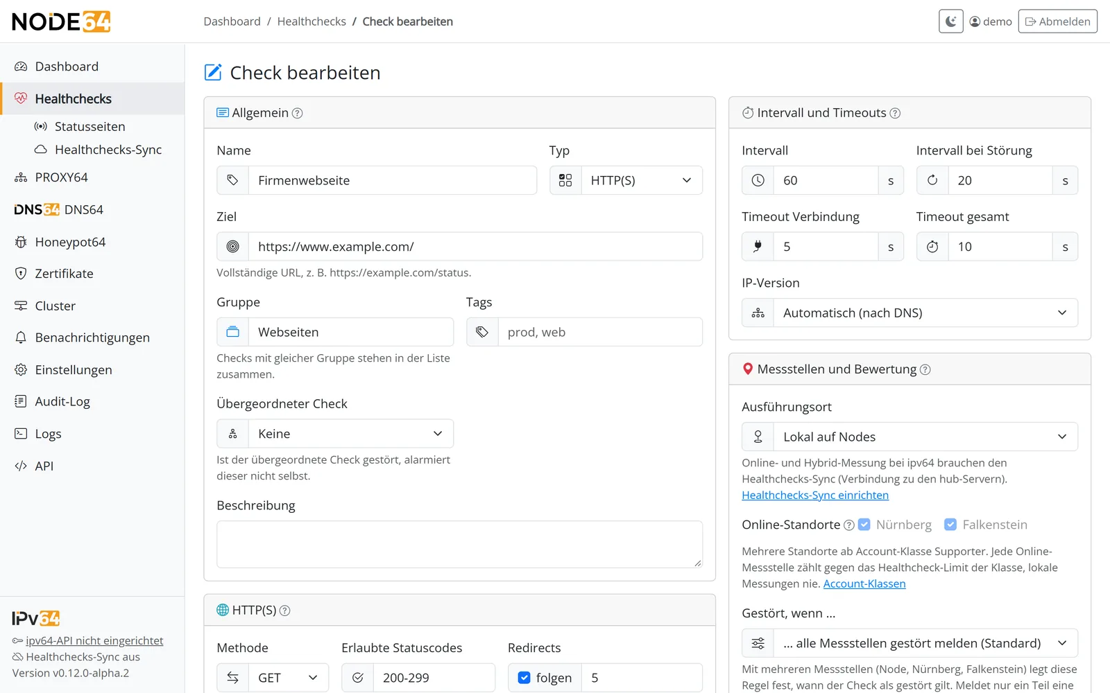 Formular für einen neuen HTTP(S)-Check mit Intervall, Alarmierung und Messstellen