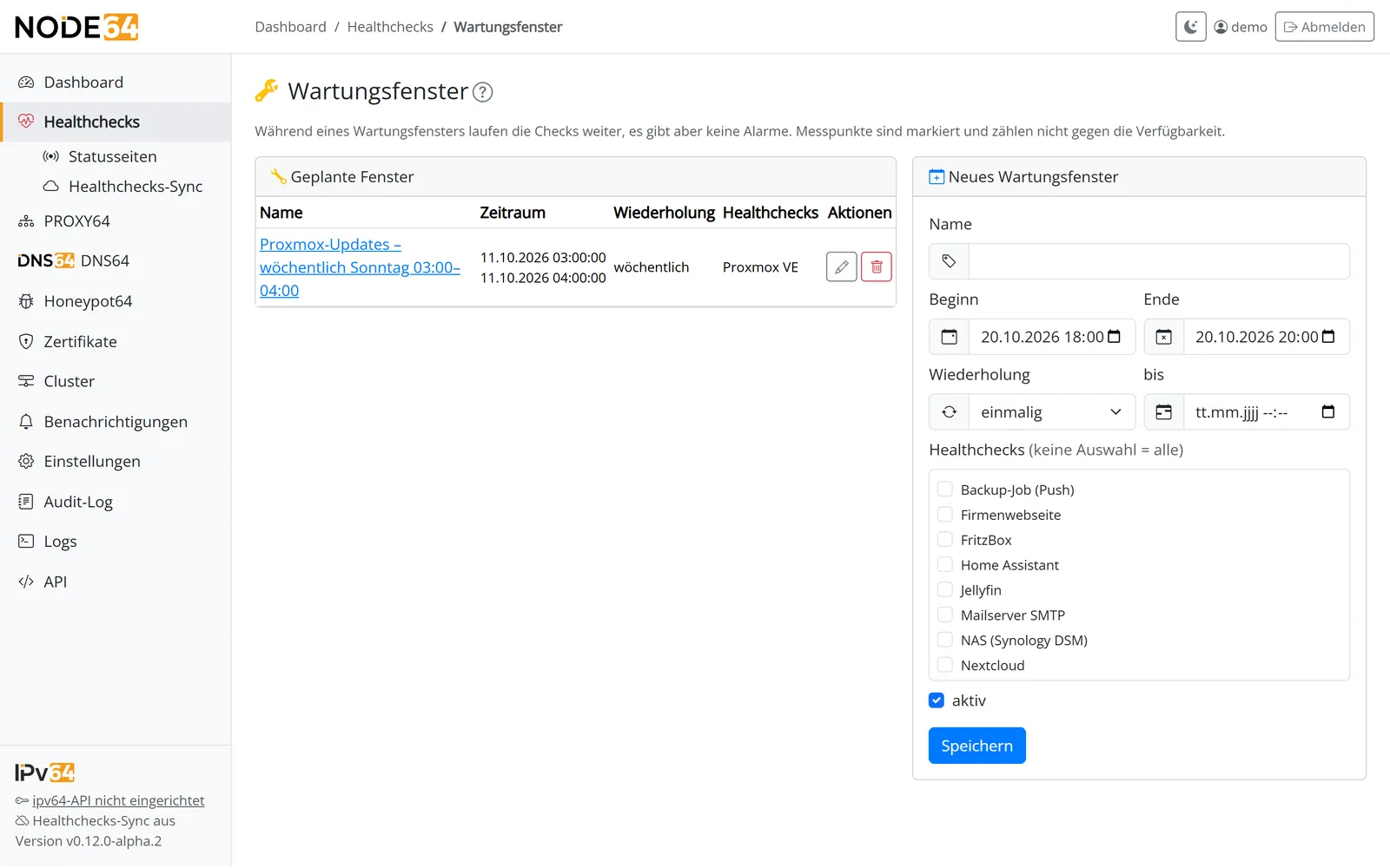 Wartungsfenster Proxmox-Updates, wöchentlich sonntags von 03:00 bis 04:00 Uhr