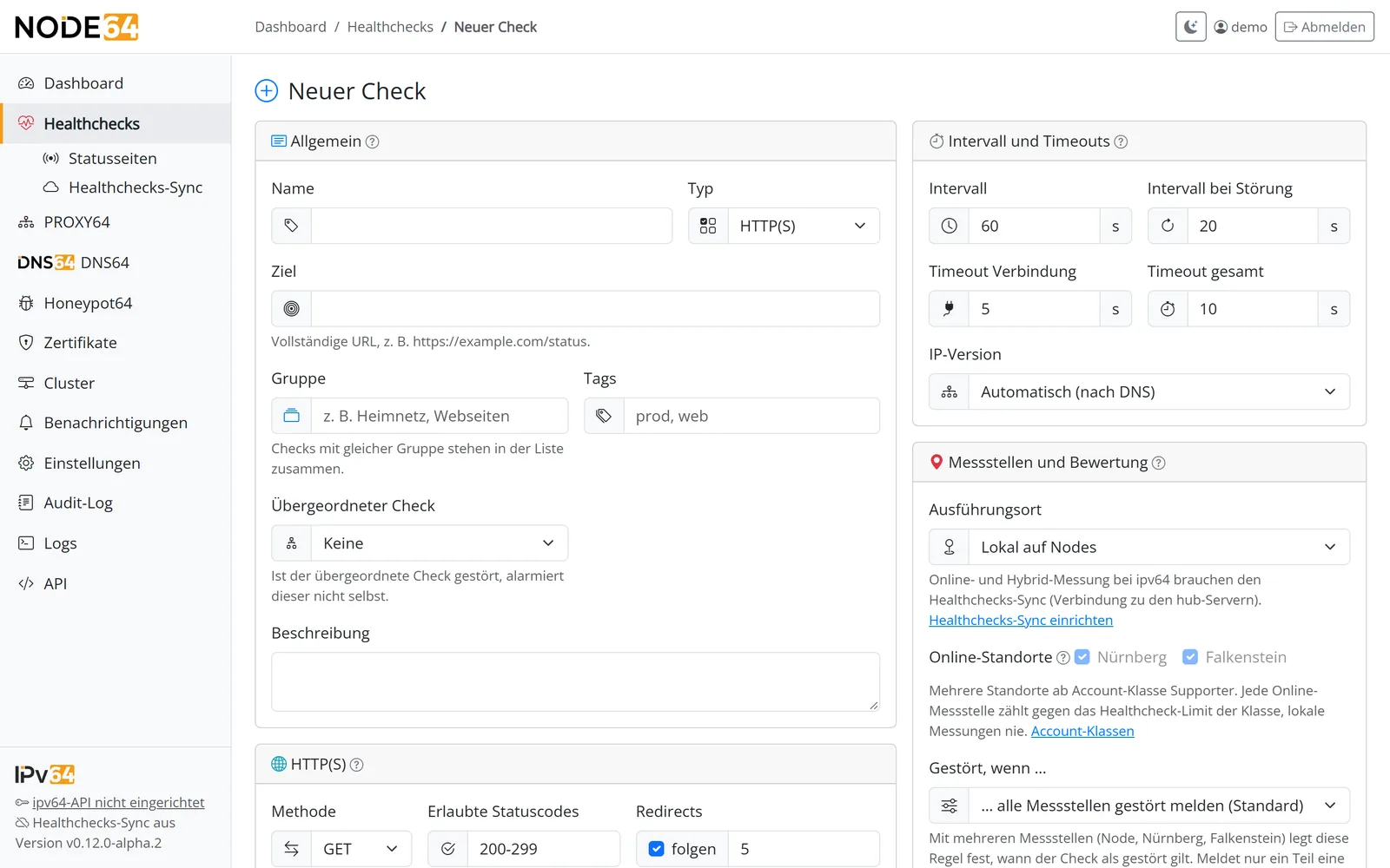 Formular Neuer Check mit Typ HTTP(S), Name und Ziel-URL