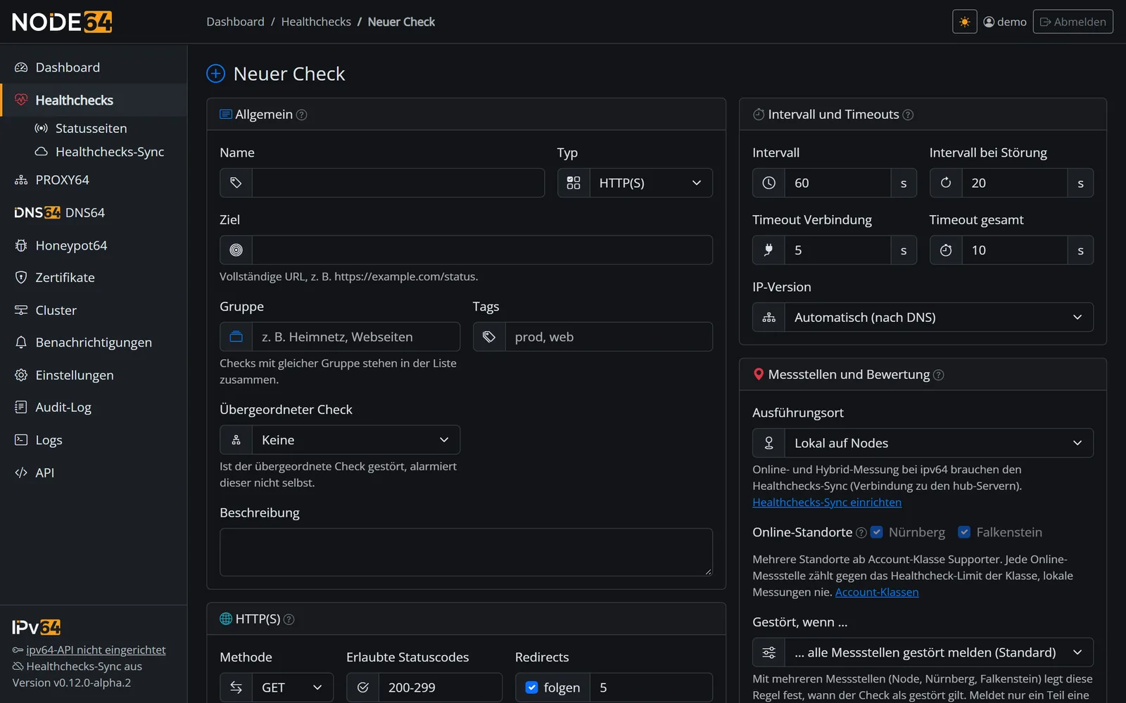 Formular Neuer Check mit Typ HTTP(S), Name und Ziel-URL