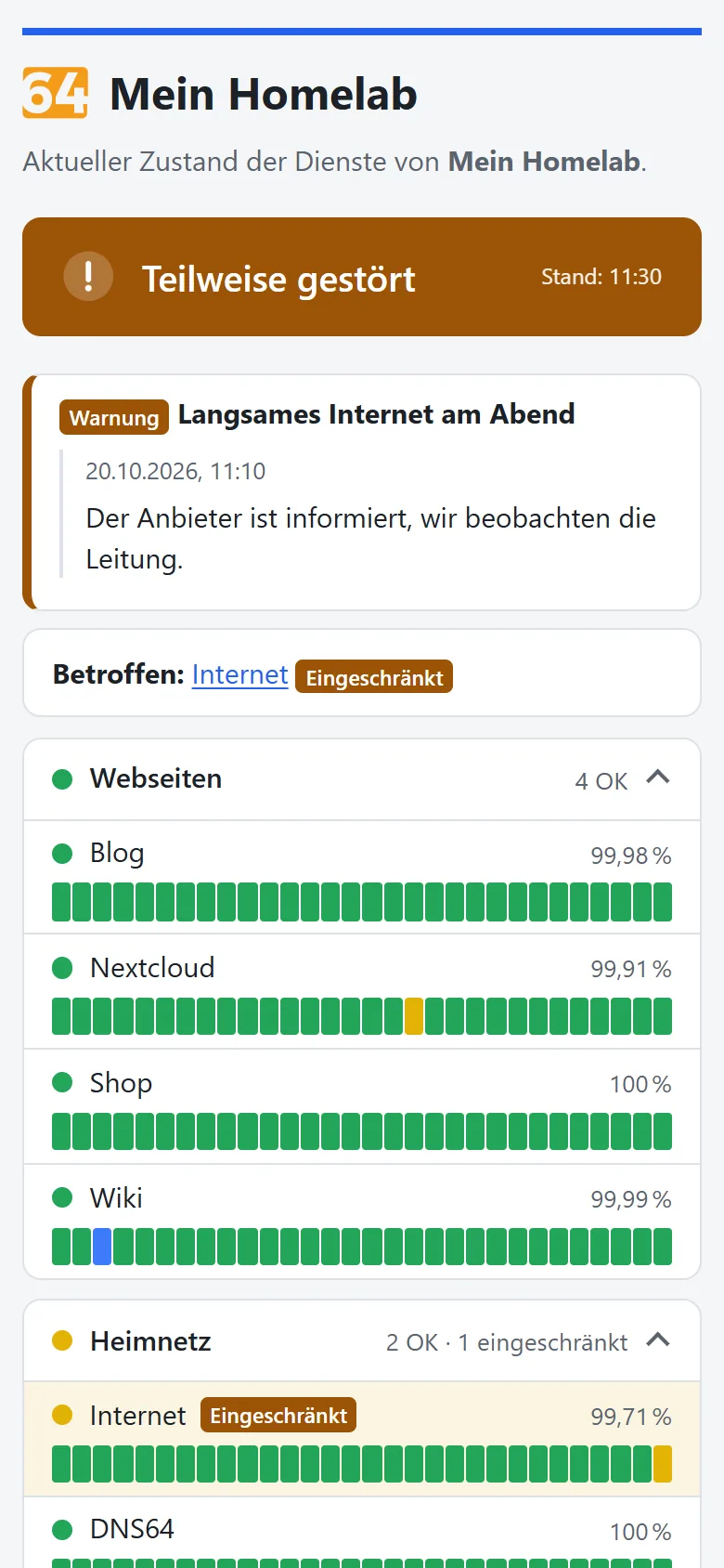 Statusseite auf dem Handy: Banner, Warnung und Gruppen mit Tagesbalken untereinander