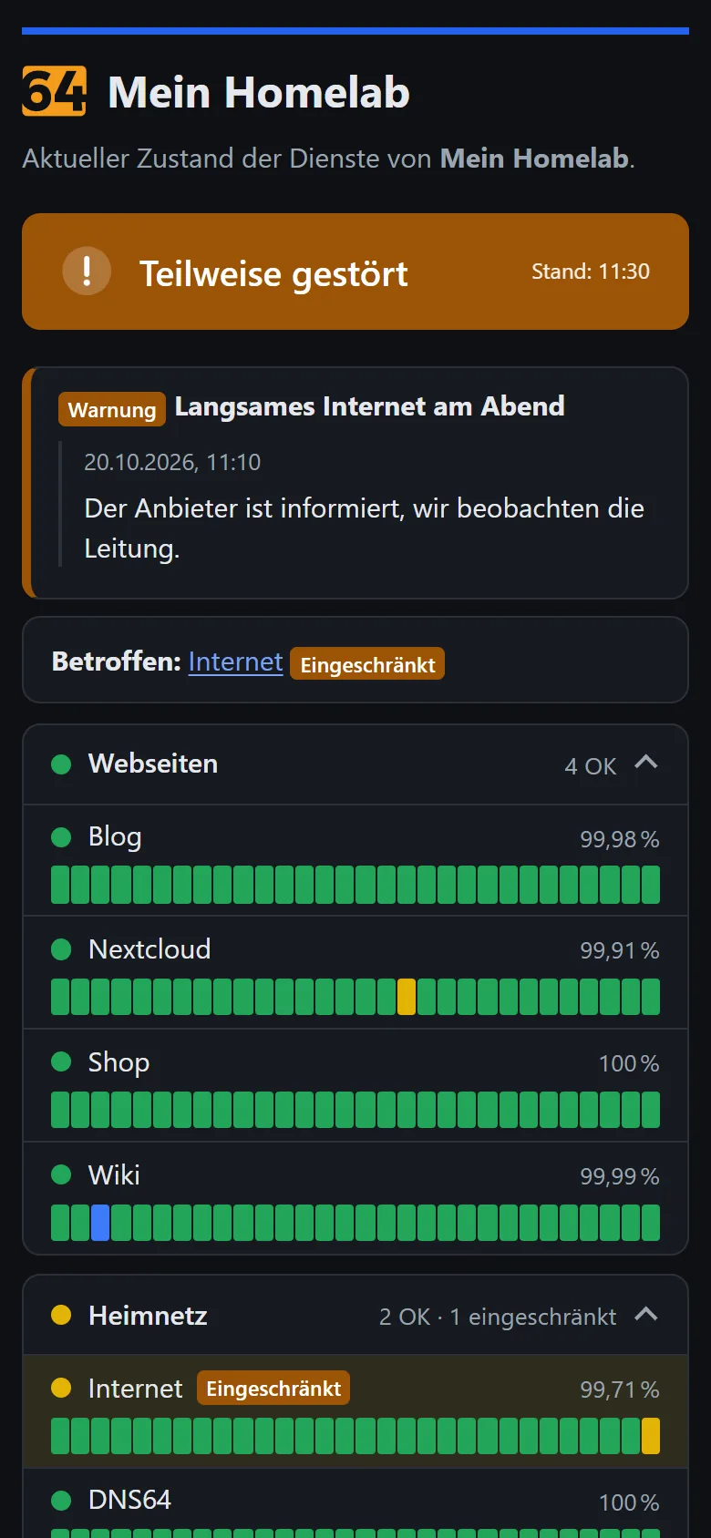 Statusseite auf dem Handy: Banner, Warnung und Gruppen mit Tagesbalken untereinander