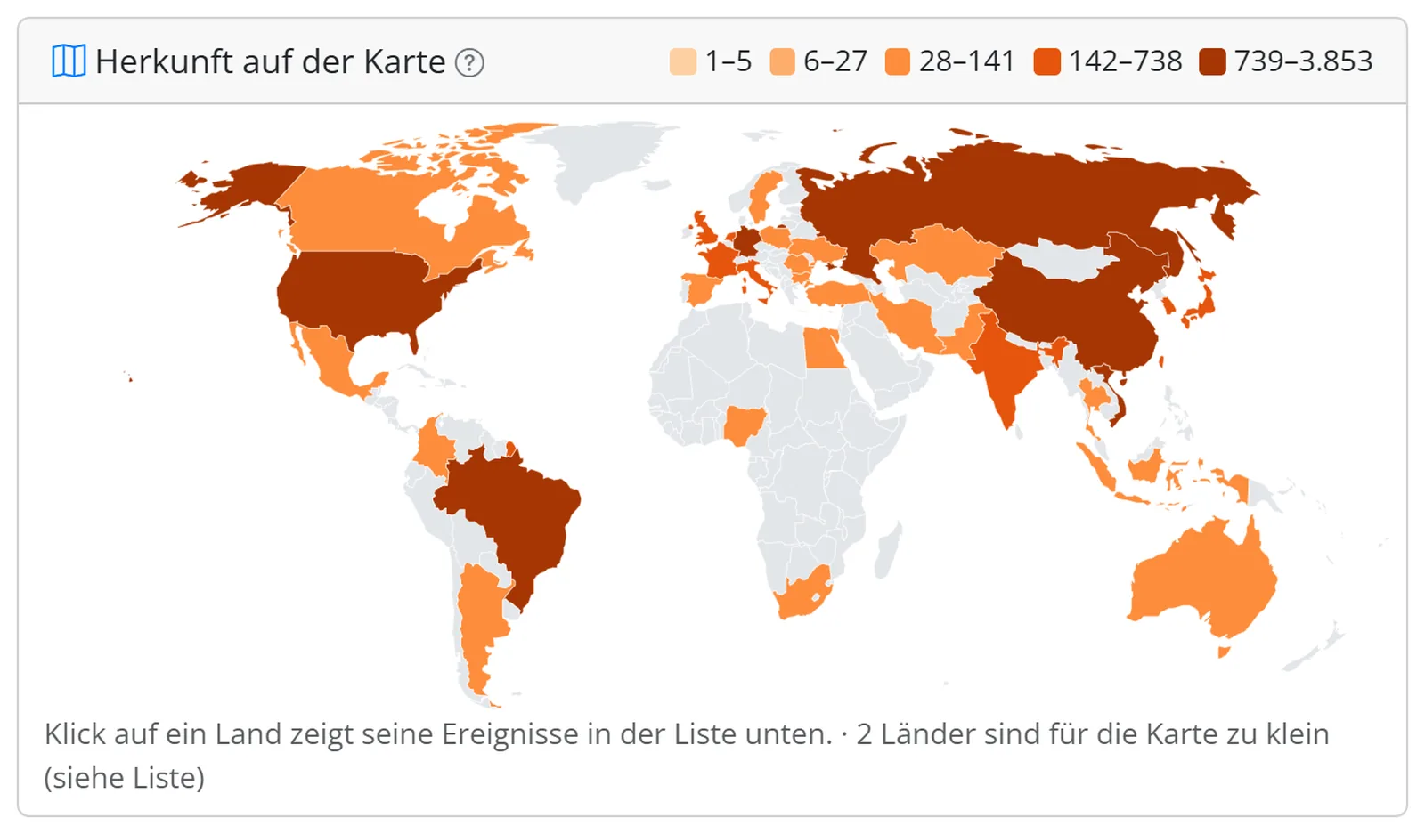 Weltkarte von Honeypot64: Länder nach Zahl der Angriffe in fünf Stufen eingefärbt