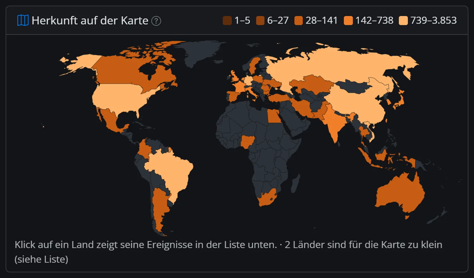 Weltkarte von Honeypot64: Länder nach Zahl der Angriffe in fünf Stufen eingefärbt