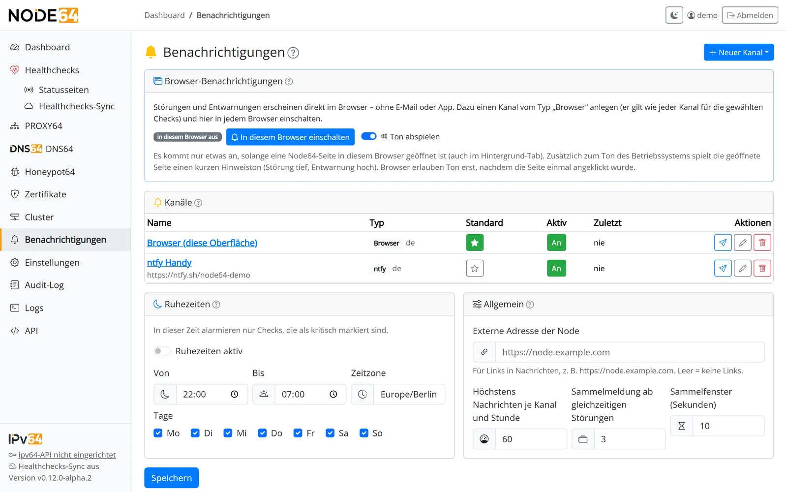 Liste der Benachrichtigungskanäle mit Telegram, ntfy, E-Mail und Webhook, jeweils mit Standard-Markierung und letztem Versand