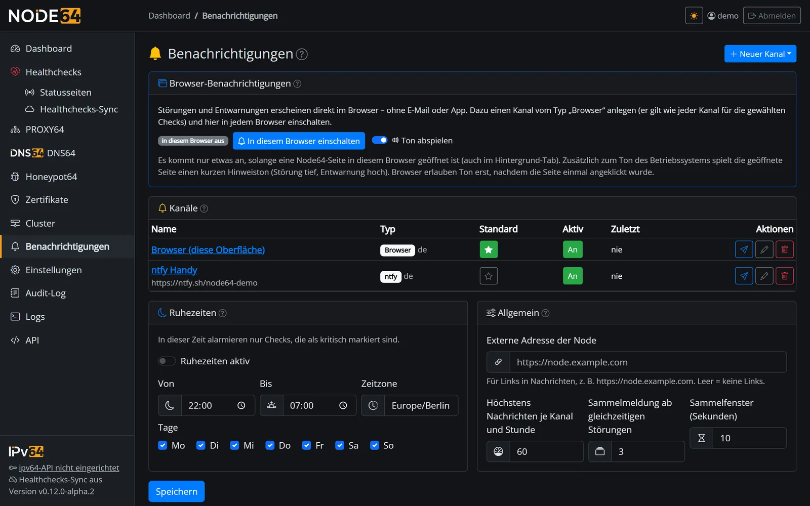 Liste der Benachrichtigungskanäle mit Telegram, ntfy, E-Mail und Webhook, jeweils mit Standard-Markierung und letztem Versand