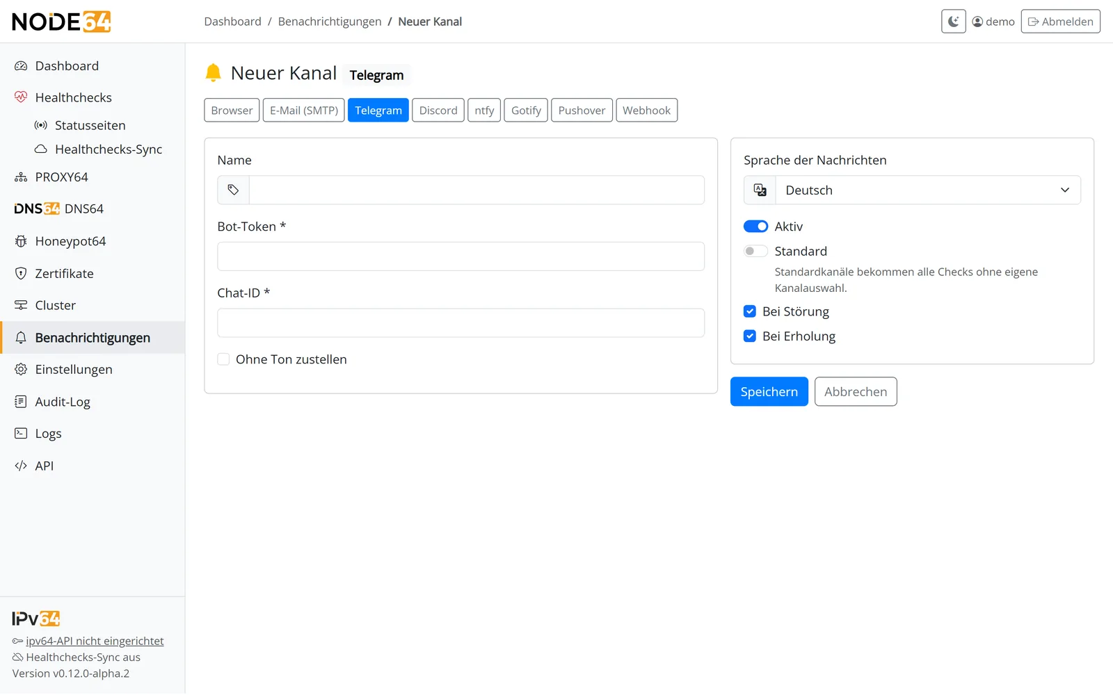 Neuer Benachrichtigungskanal Telegram mit Knopf Test senden