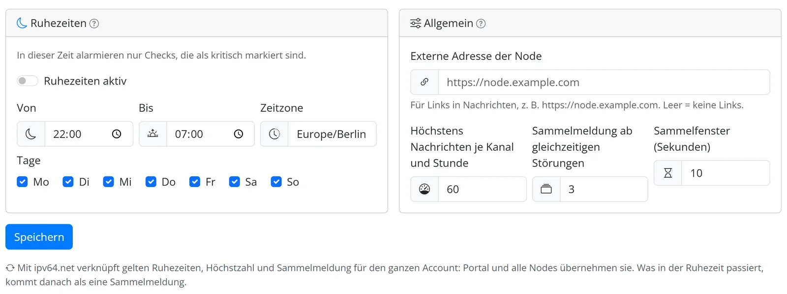 Allgemeine Einstellungen der Benachrichtigungen mit Ruhezeiten von 22:00 bis 07:00, Höchstzahl je Stunde und Sammelmeldung
