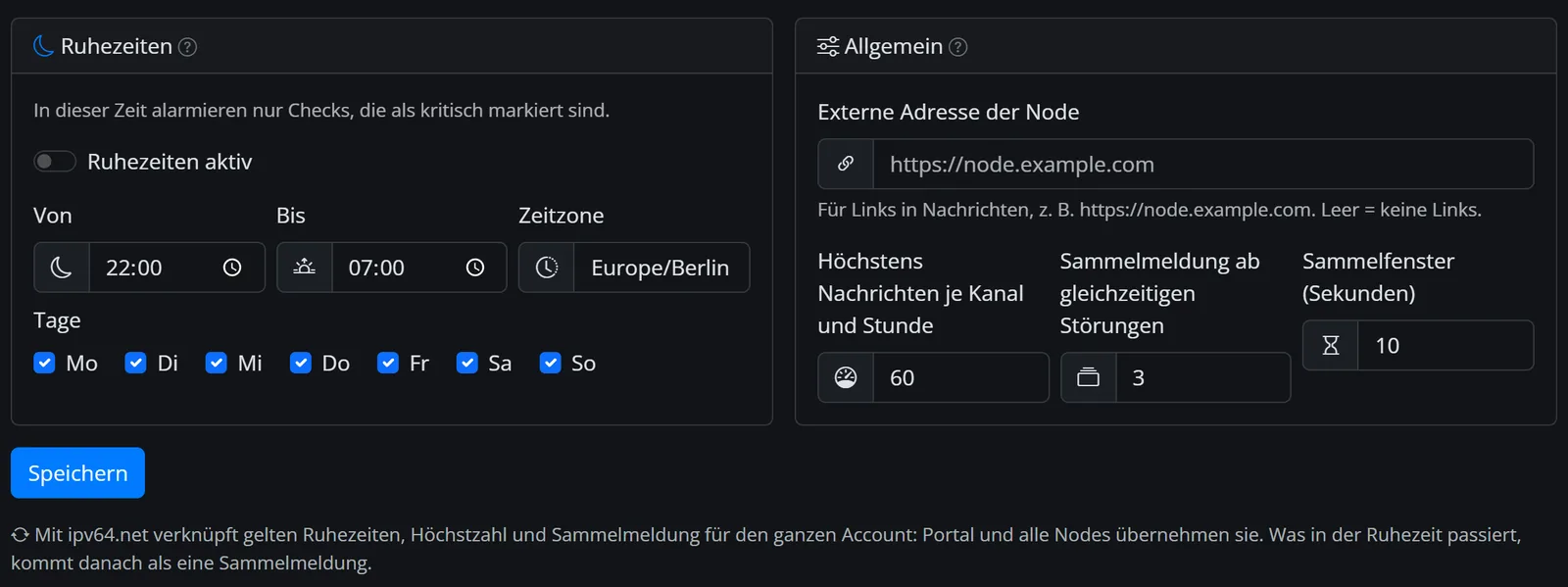 Allgemeine Einstellungen der Benachrichtigungen mit Ruhezeiten von 22:00 bis 07:00, Höchstzahl je Stunde und Sammelmeldung