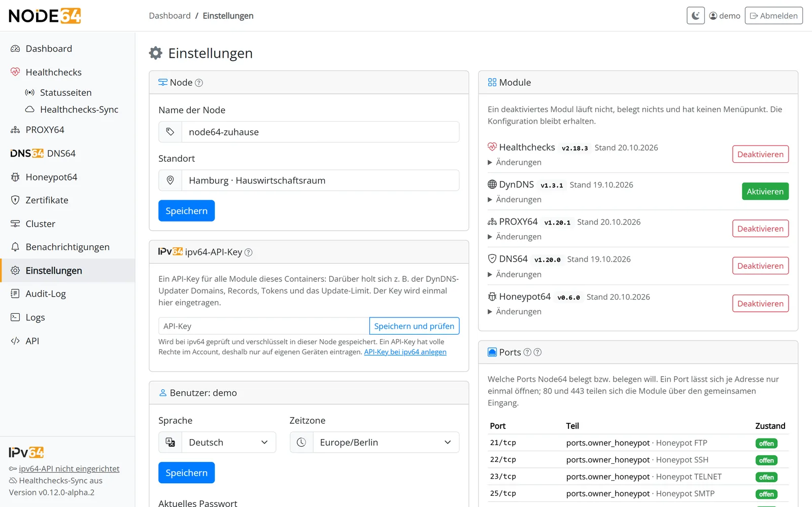 Einstellungen, Bereich Module mit Schaltern für Healthchecks, DynDNS, DNS64 und PROXY64