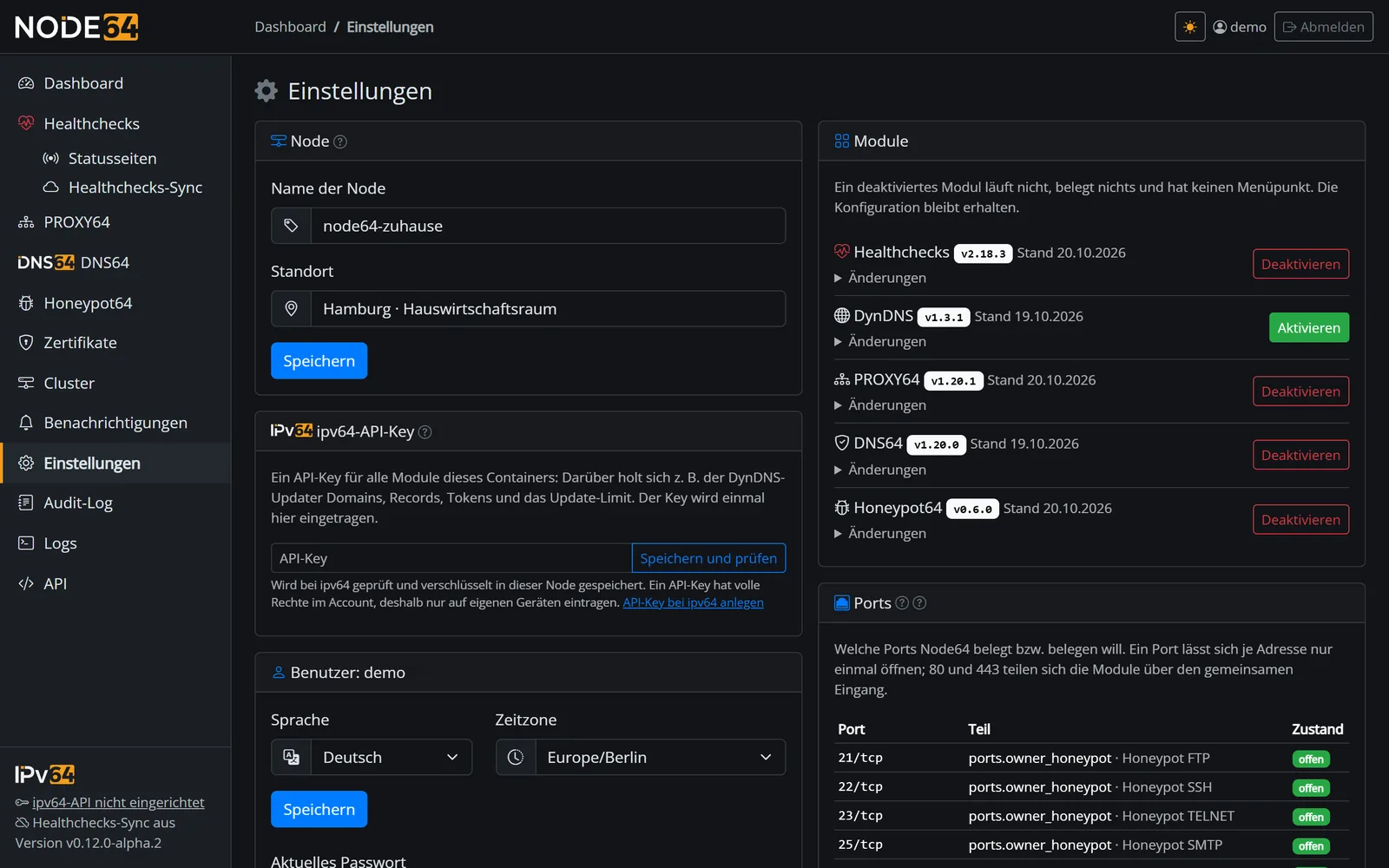 Einstellungen, Bereich Module mit Schaltern für Healthchecks, DynDNS, DNS64 und PROXY64