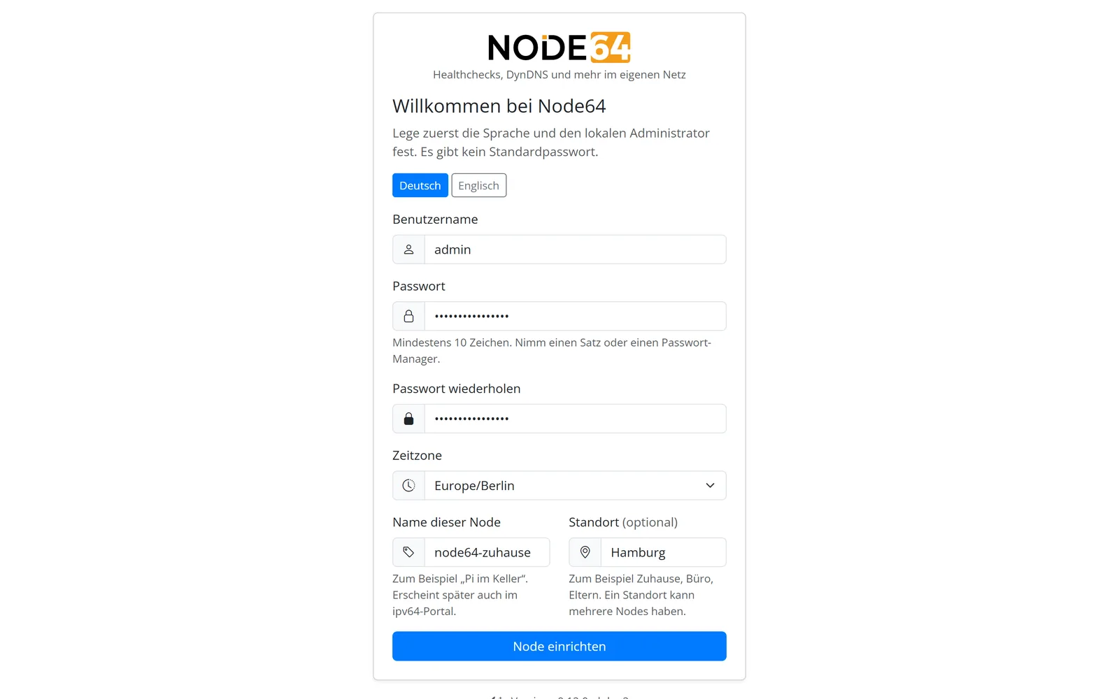 Setup-Assistent von Node64 mit Sprache, Benutzername, Passwort, Zeitzone, Name und Standort