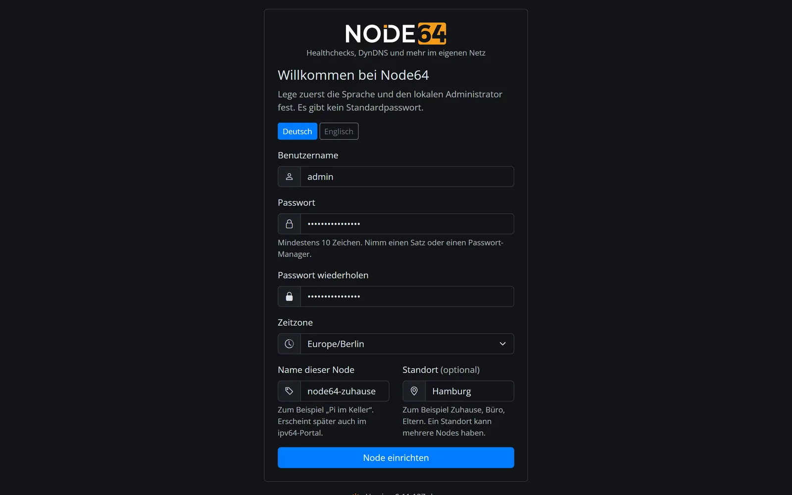 Setup-Assistent von Node64 mit Sprache, Benutzername, Passwort, Zeitzone, Name und Standort